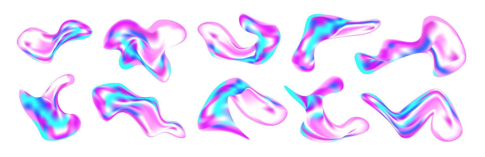 3D liquid abstract shapes with chrome and holographic effect. Iridescent blobs, splashes and doodles in Y2K style. Floating geometric forms with neon glow, gradient texture and fluid motion. vector