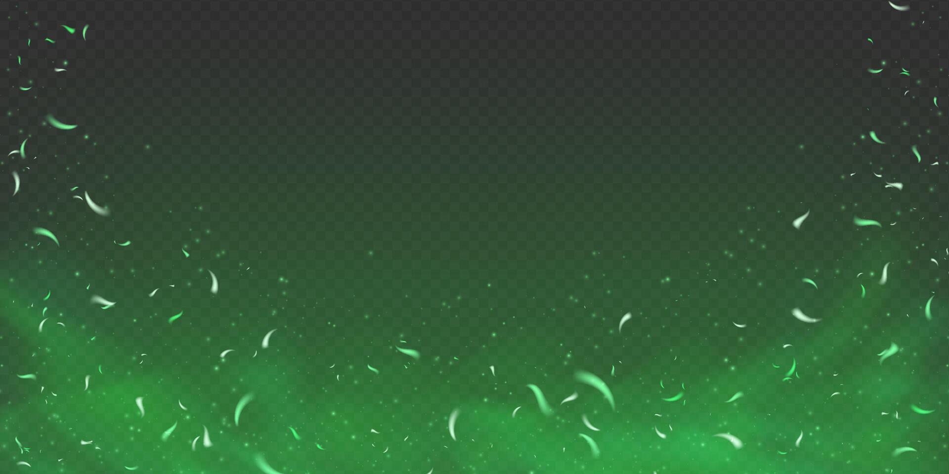 Green magical fire sparks and glowing embers. Toxic smoke, fog and abstract particles on black background. Fantasy 3D effect with shiny flare, fairytale energy and neon light overlay. vector