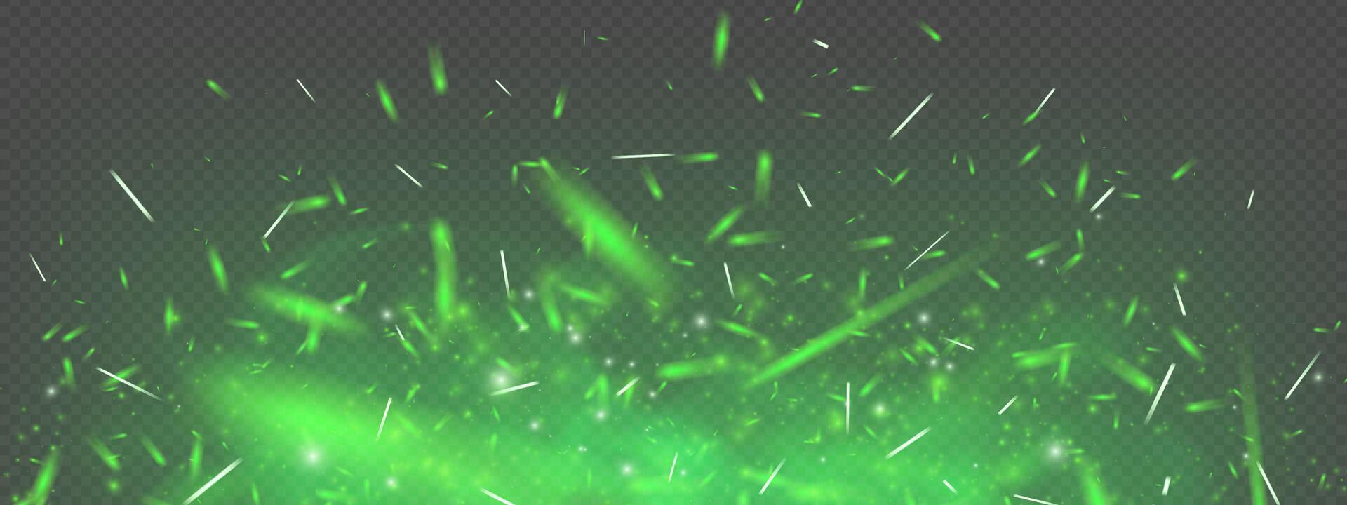 Green fire and glowing sparks with magic light and toxic poison smoke on dark background. Abstract fantasy overlay with flying particles, mist, flame and glitter. Mysterious festive energy effect. vector