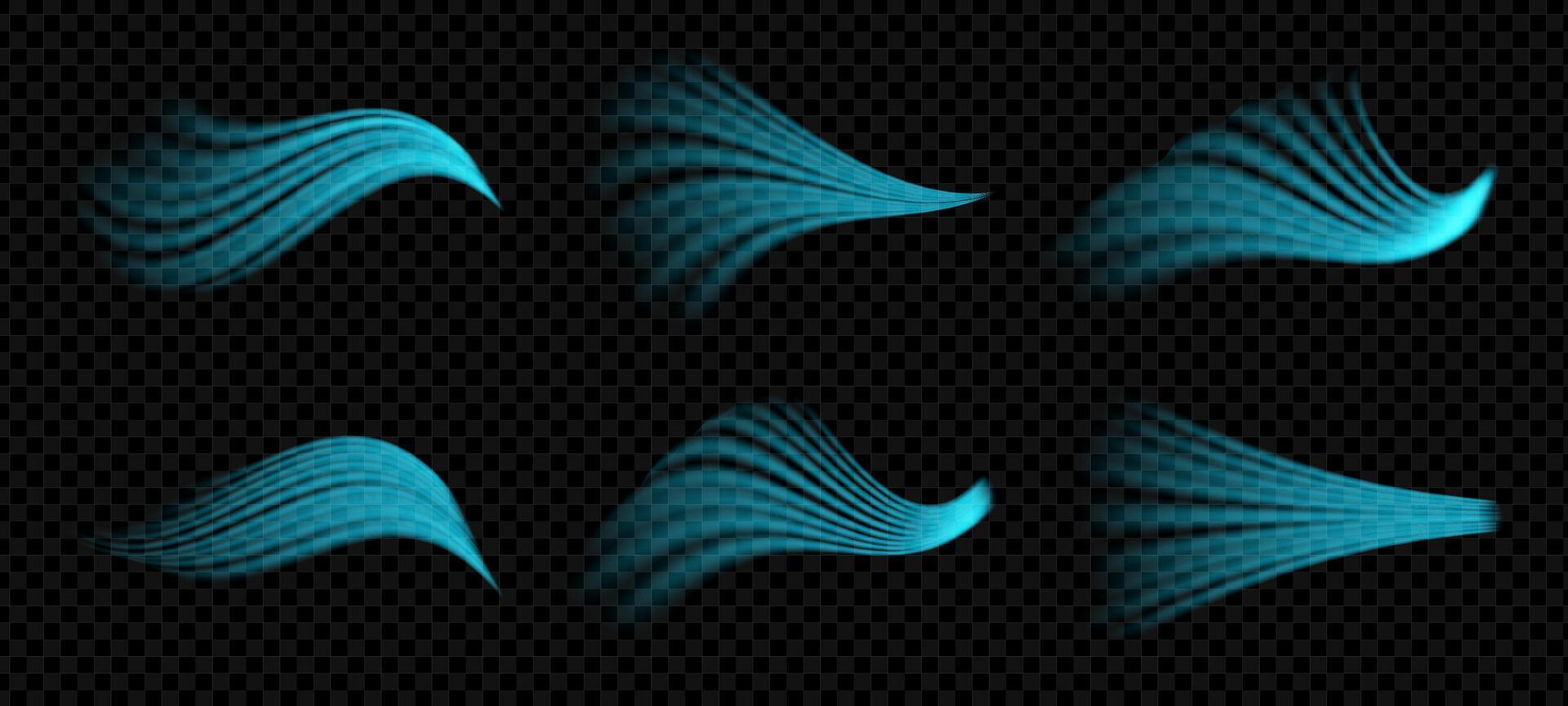 Cool air swirl with fresh wind flow effect. Abstract blue vortex trail and aroma wave. 3D spiral with mist, blur and glow. Clean conditioner or fan concept. isolated background. vector