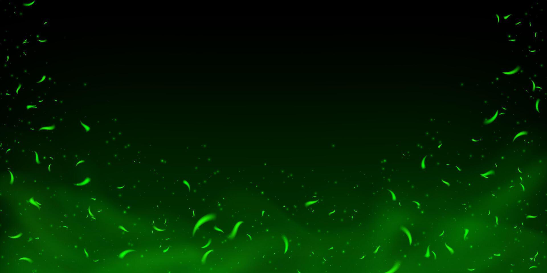 Green magic fire and glowing sparks with flame and toxic fog. Dark fantasy background with flying particles, neon glow, bokeh and ember effect. Abstract festive texture with energy burst. vector