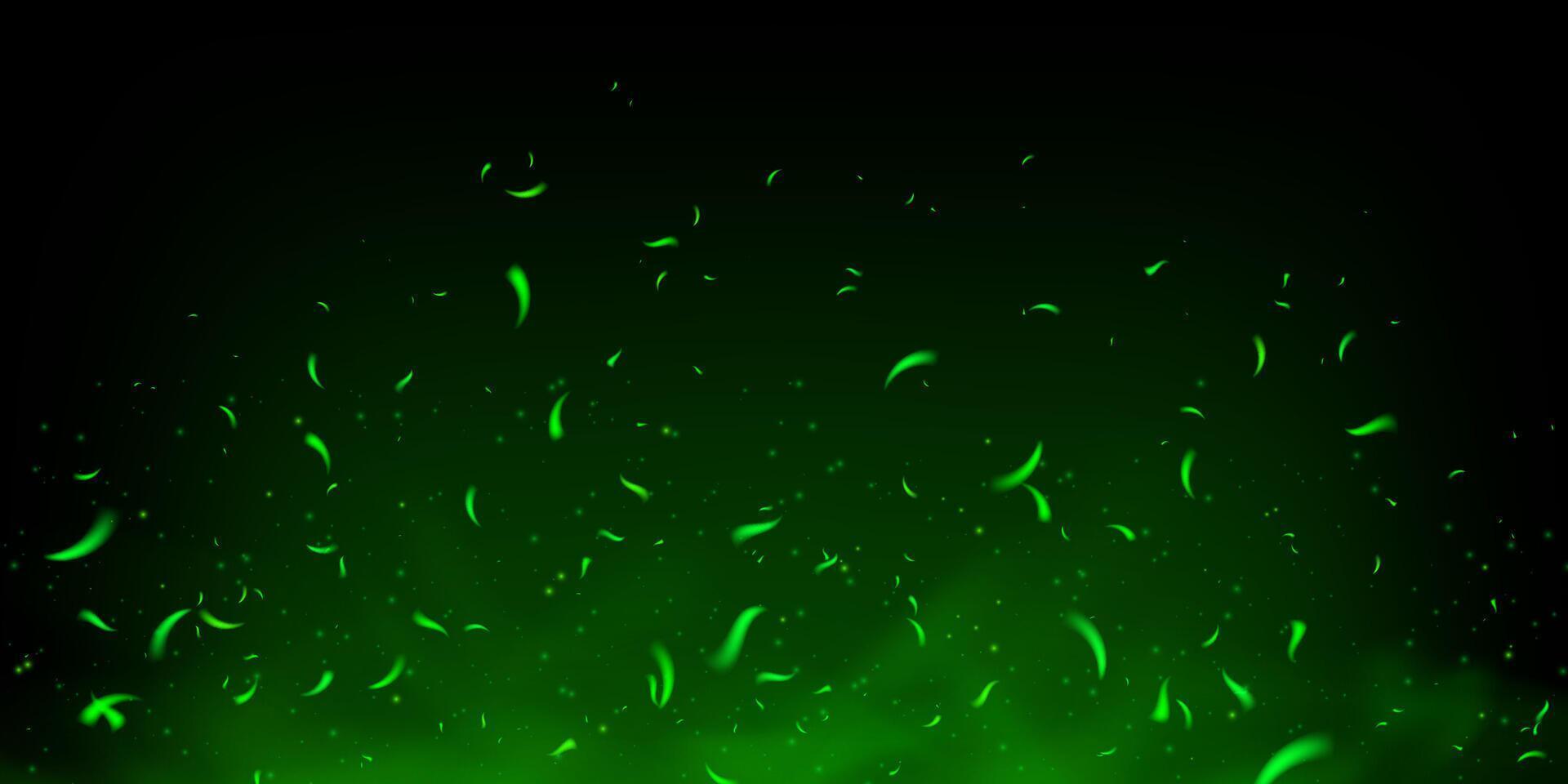 Glowing green sparks and magical fire effect with smoke, fog and toxic poison mist. Abstract dark background with flying particles, neon shine and festive fairylight texture. illustration vector