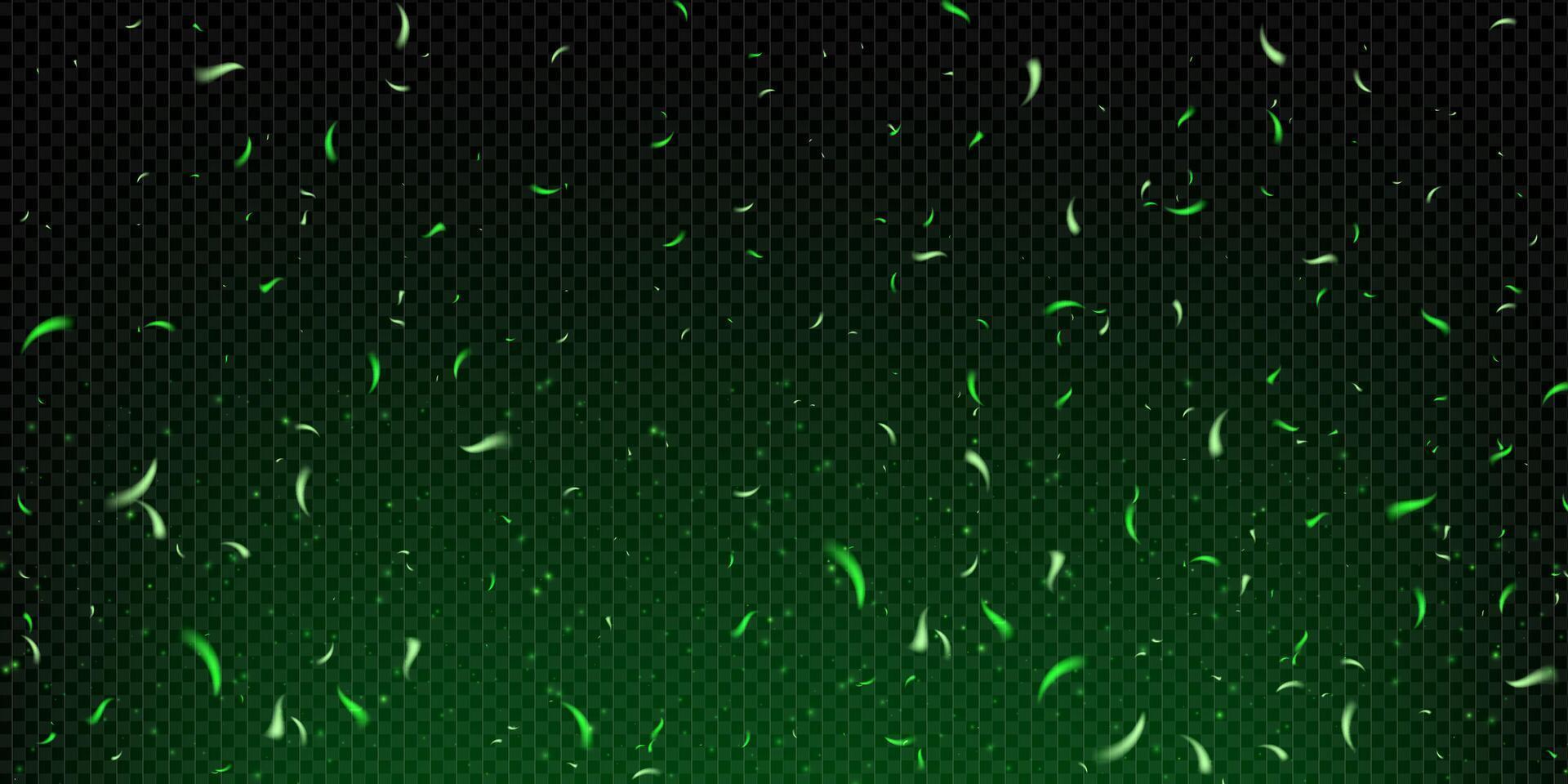 Burning green fire with glowing sparks and emerald flame. Magic smoke, fog and toxic mist create abstract fantasy atmosphere. Shiny neon light with flying particles and witchcraft energy. vector