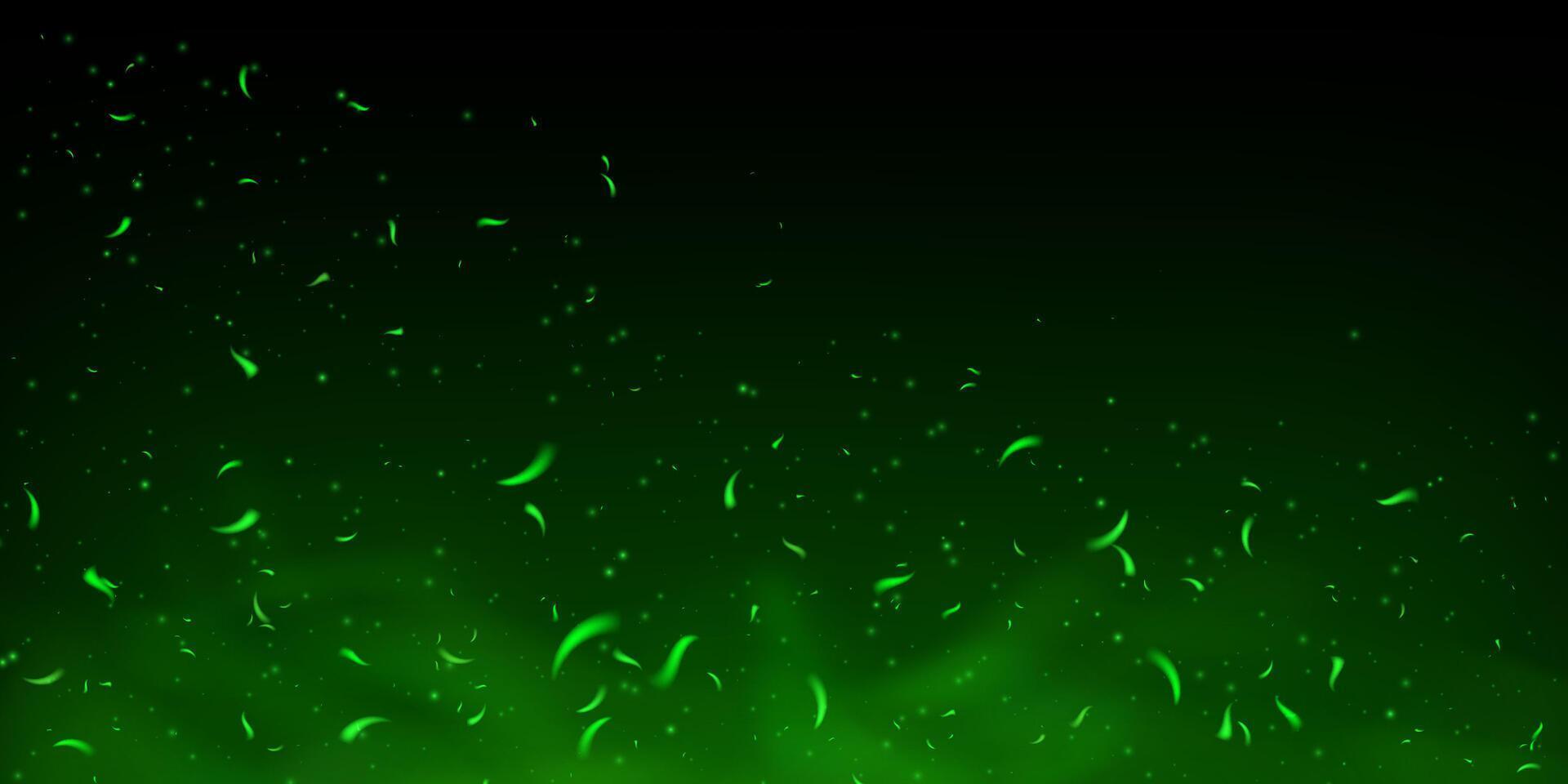 Green magical fire sparks and glowing embers. Toxic poison smoke, fog and abstract particles on black background. Fantasy 3D effect with shiny flare, fairytale energy and neon light overlay. vector