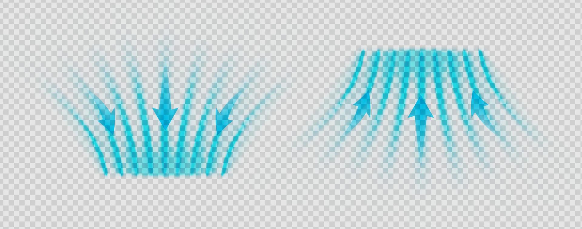 Dynamic air flow swirl with cold breeze, spray and suction effect. Abstract blue stream with steam, swoosh and 3D wave texture. AC ventilation or purification system. vector