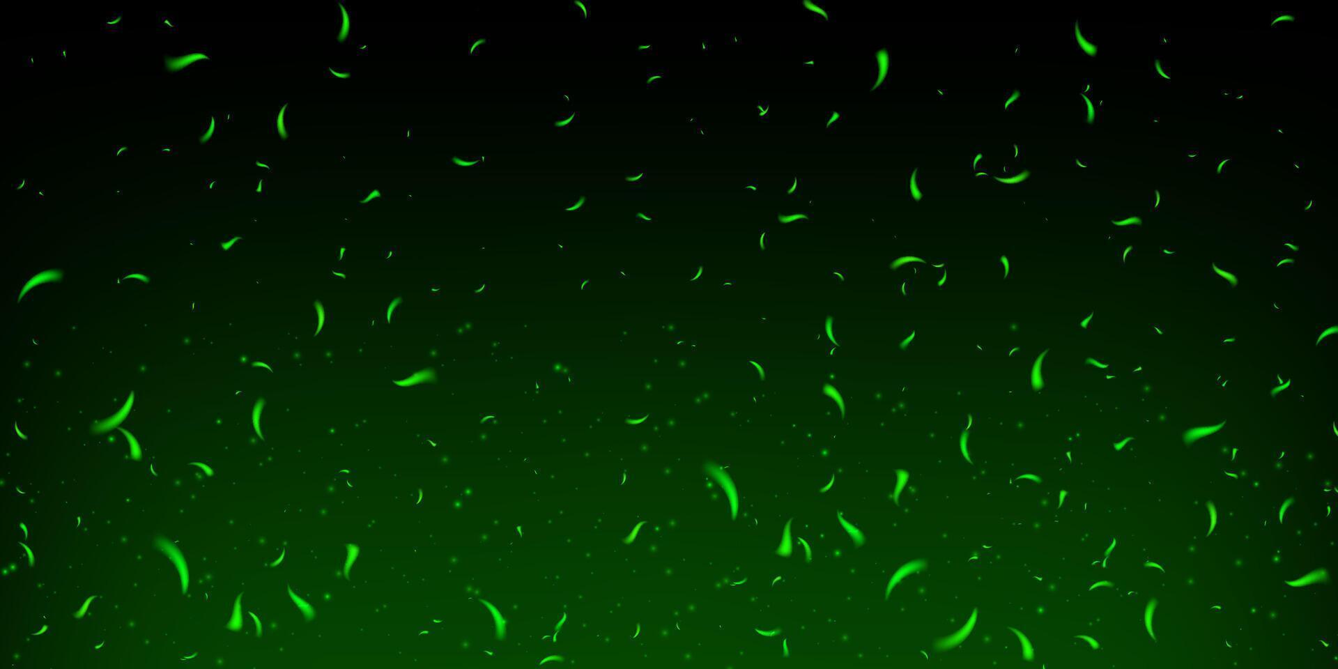 Green magical spark and fire effect on dark smoky background. Glowing particles and ember flames create abstract festive scene. Toxic fog, fairy glitter and neon light add fantasy and mystery. vector