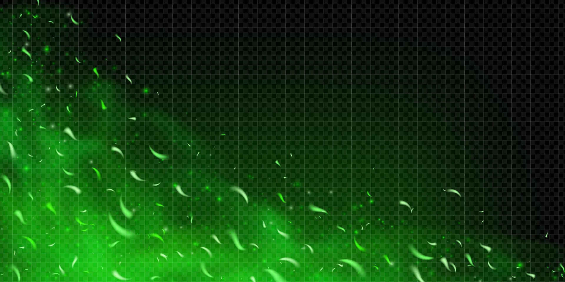 Green magical spark and fire effect on dark smoky background. Glowing particles and ember flames. Toxic fog, fairy glitter and neon light add fantasy and mystery. Abstract festive scene vector