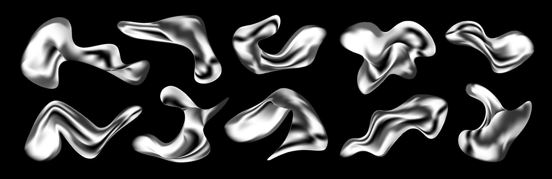 3D liquid chrome shapes and molten silver blobs in futuristic Y2K style. Abstract metallic elements with glossy texture and fluid curves. Iridescent forms with holographic flow and gradient shine. Eps vector