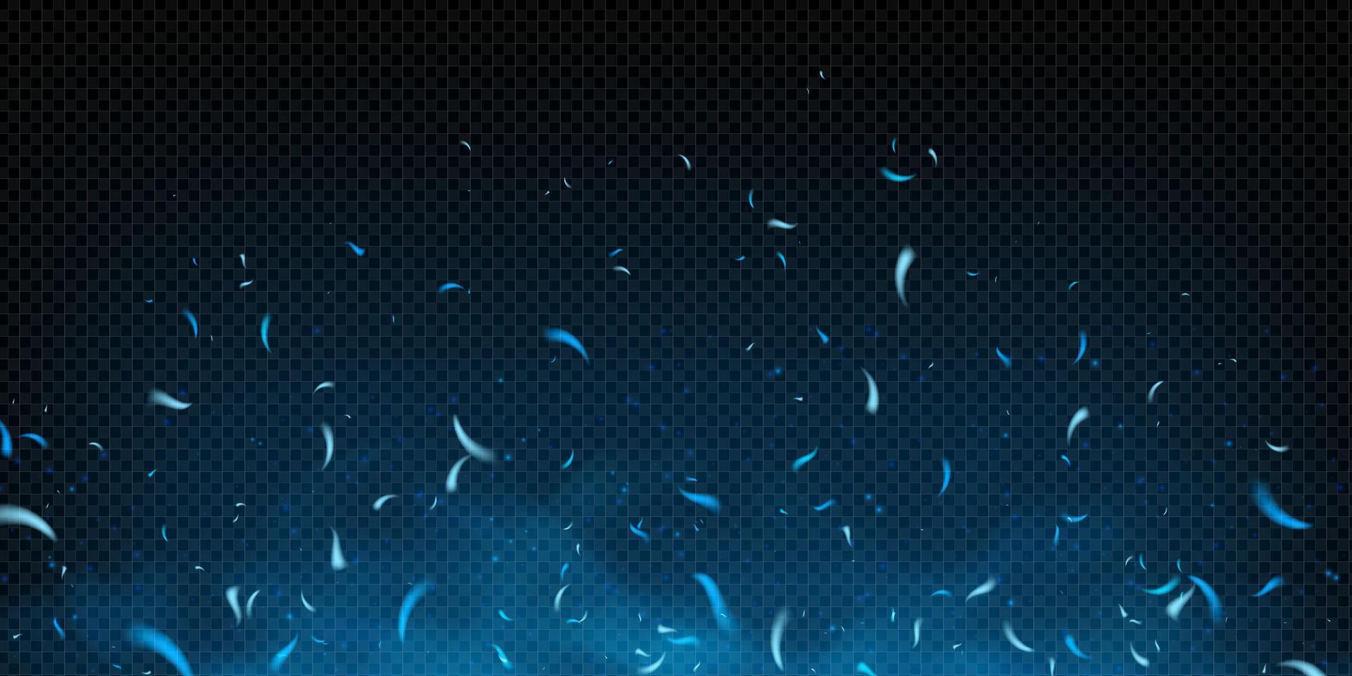 Blue fire with glowing sparks and flying particles on dark smoky background. Neon glow, icy embers, and heat effects create a magical abstract scene. texture with flare, dust, and metal shine. vector