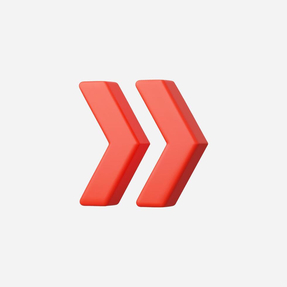 Red 3D double arrow pointing right, digital interface element vector