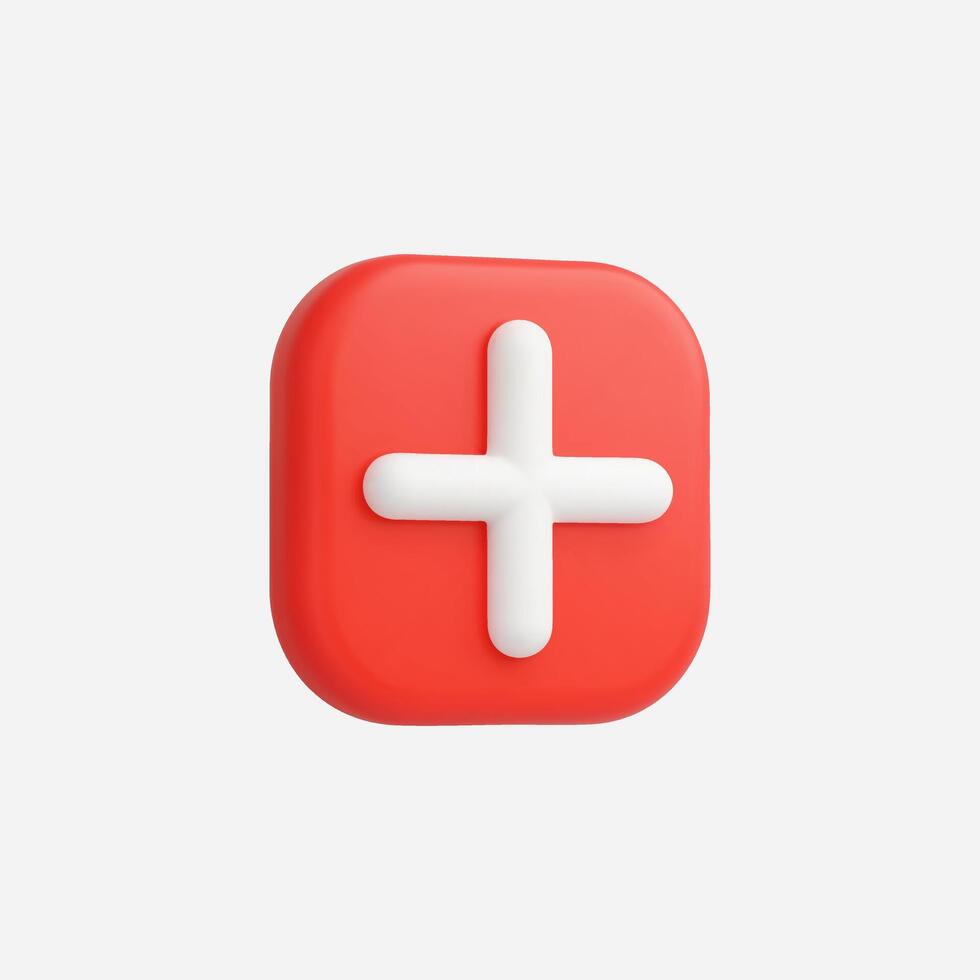 Red square button with white plus sign, 3D render vector