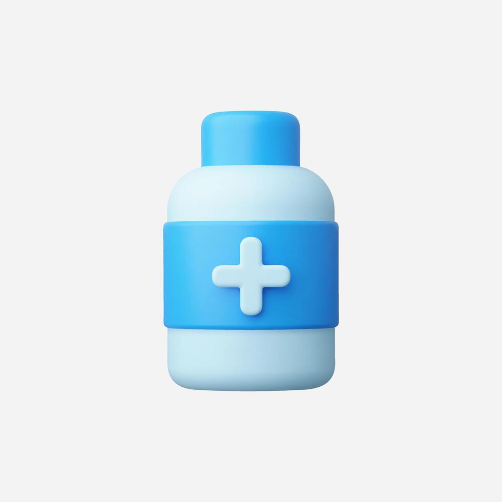 3D render of a medical bottle, light blue, white cross vector