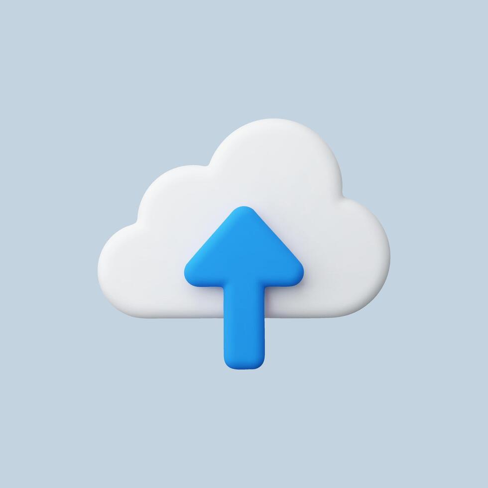 3D render of cloud upload icon, blue arrow on white cloud, light blue background vector