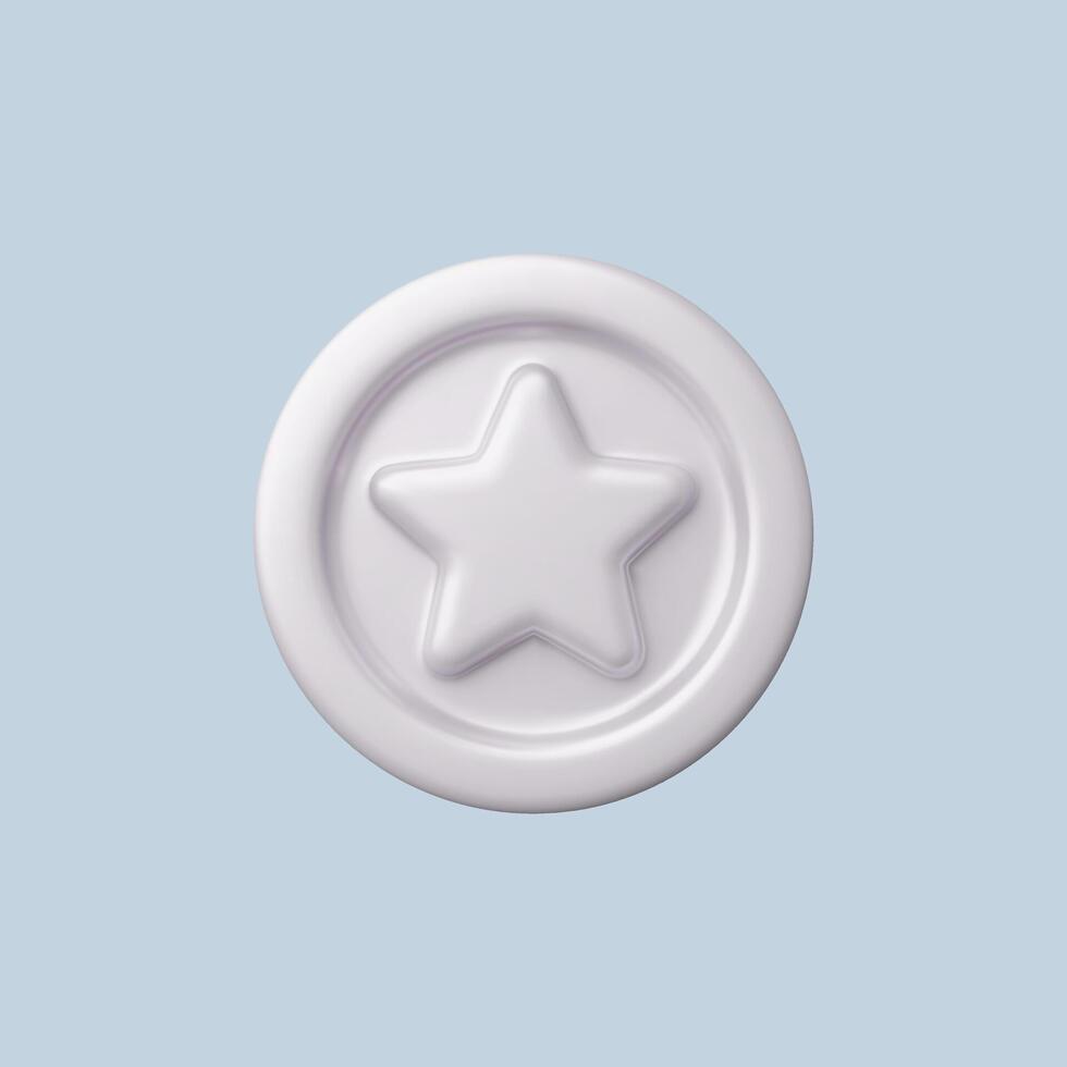 White star emblem on a round button, 3D render vector