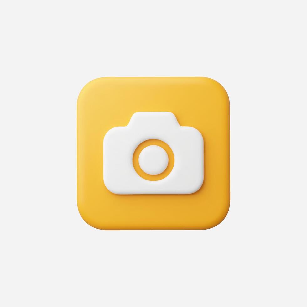 Yellow square button with a white camera icon, 3D render vector