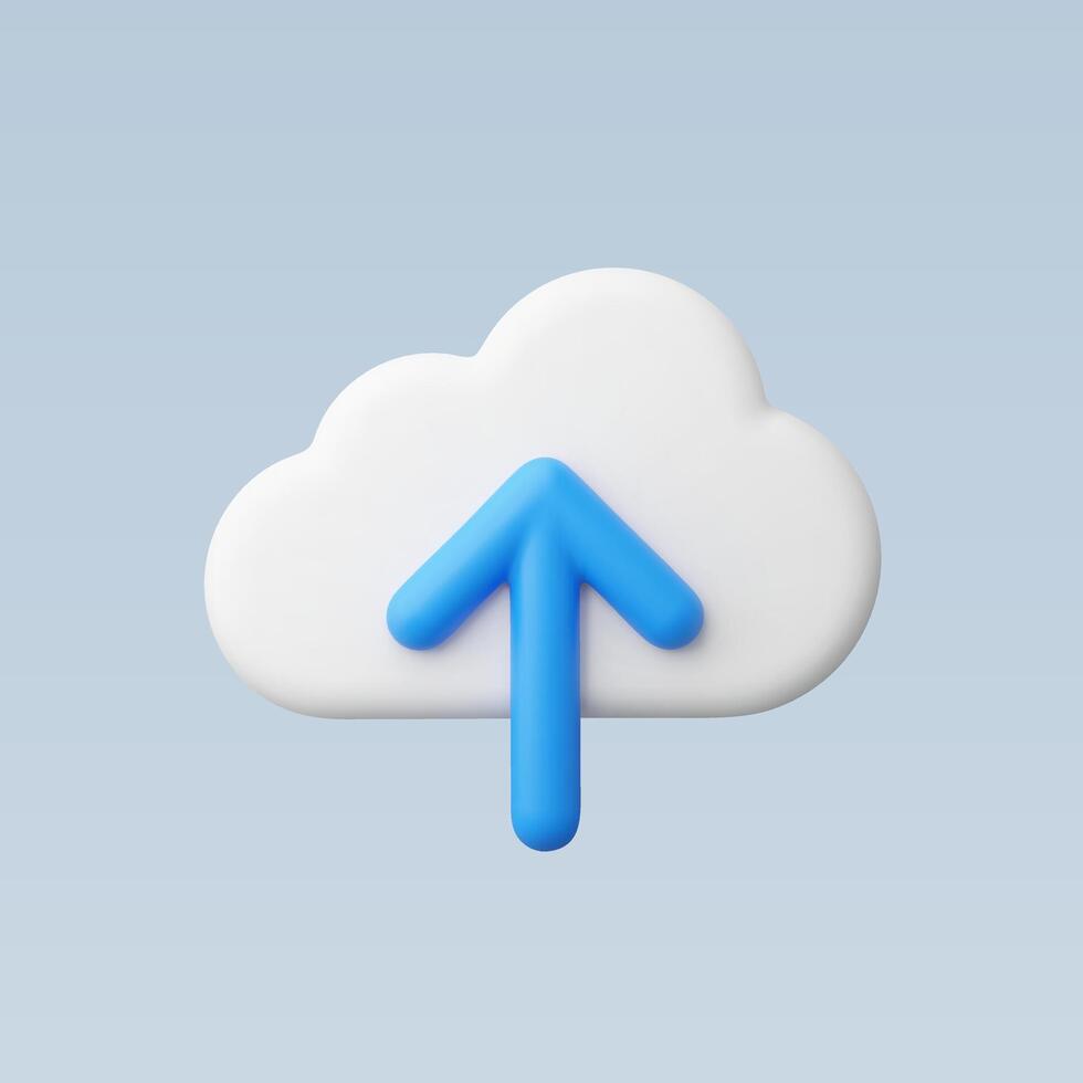 3D render of cloud upload icon, blue arrow, white cloud, light blue background vector