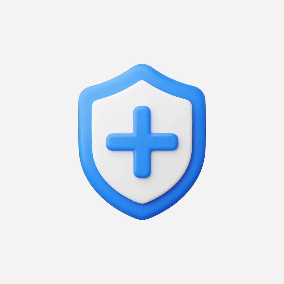 3D blue shield with a white cross, symbolizing health protection vector