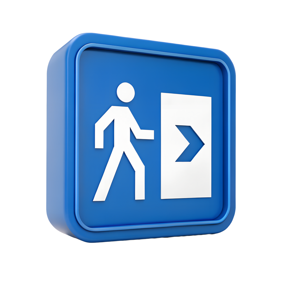 3D Render of Blue Exit Sign with Person Walking Icon Directional Guidance for Emergency Exits and png