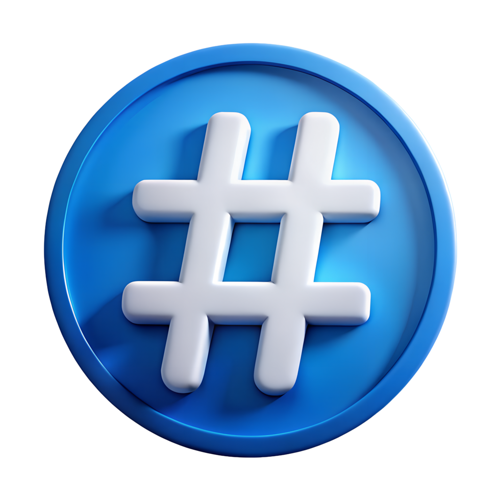 3D Render of a White Hashtag Symbol on a Blue Circle Icon for Social Media png
