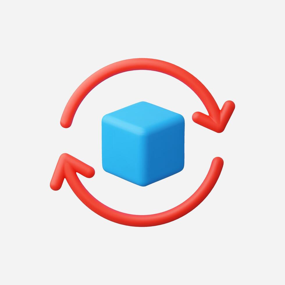 3D render of a blue cube rotating within a red circular arrow, symbolizing continuous process or cycle. vector