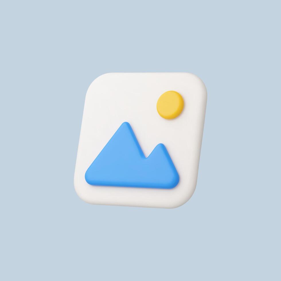 3D render of a photo icon, blue mountains and yellow sun vector