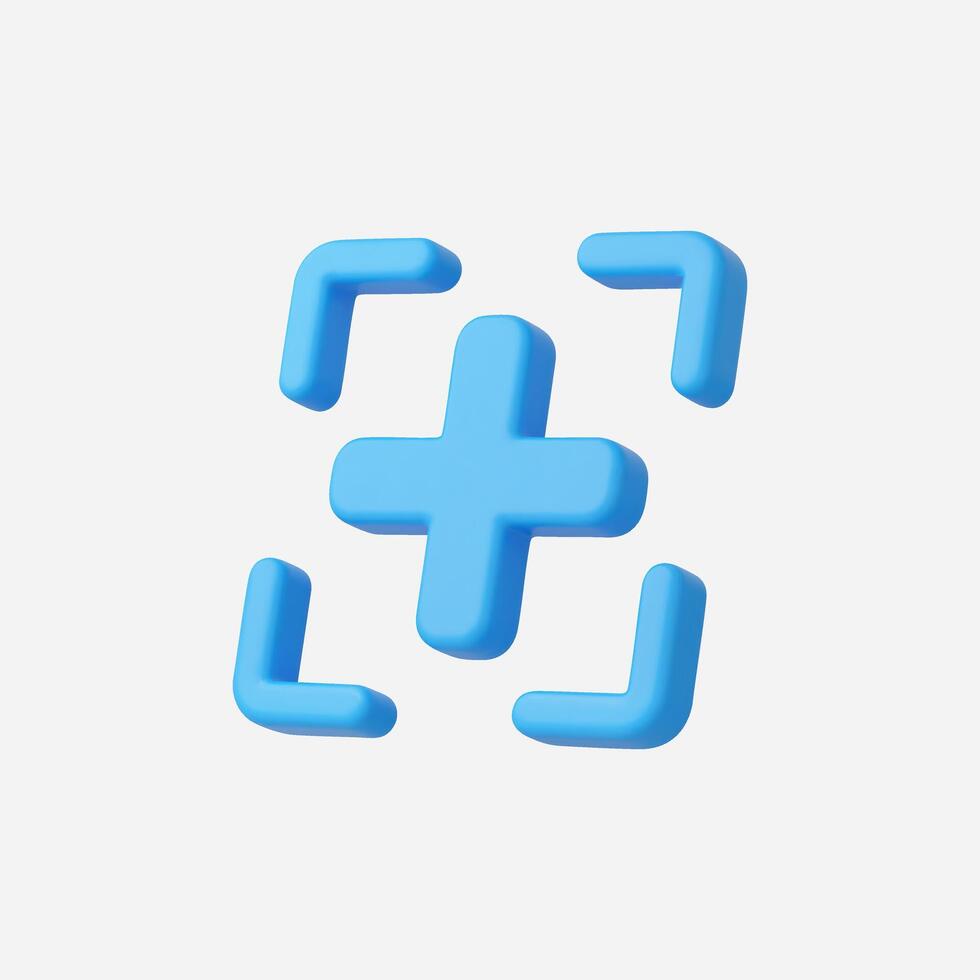 3D render of blue plus sign with corner arrows, isolated on white vector