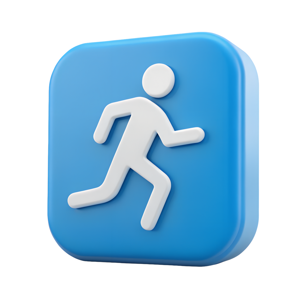 3D Render of Running Man Icon on Blue Square Button Active Lifestyle Fitness App Movement Symbol png