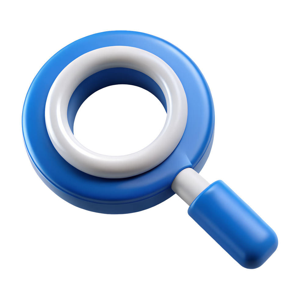 3D Render of a Blue and White Magnifying Glass Icon Search Tool Web Design Element png
