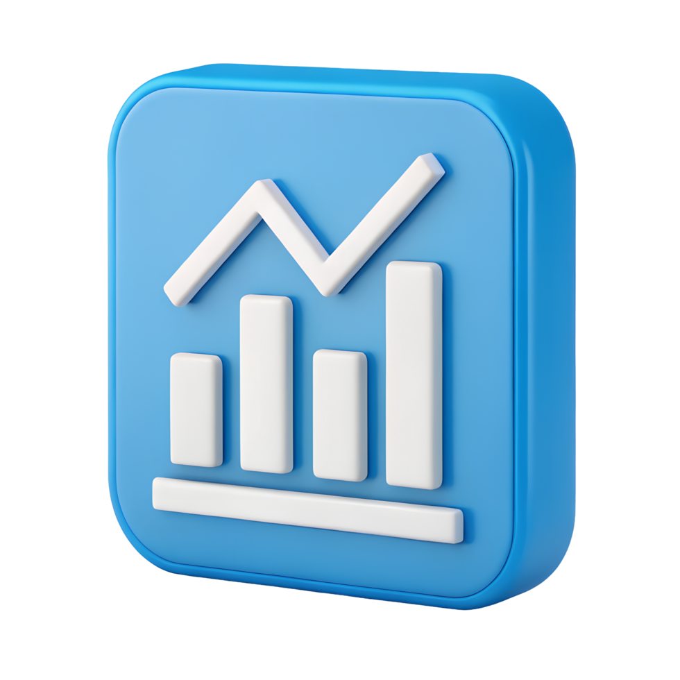 3D Render of Blue Square Button with White Bar Graph Showing Stock Market Trend png