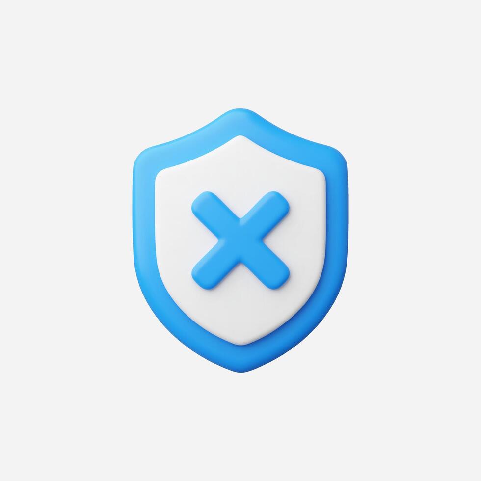 3D render of a blue shield icon with a cross, symbolizing rejection or cancellation. vector