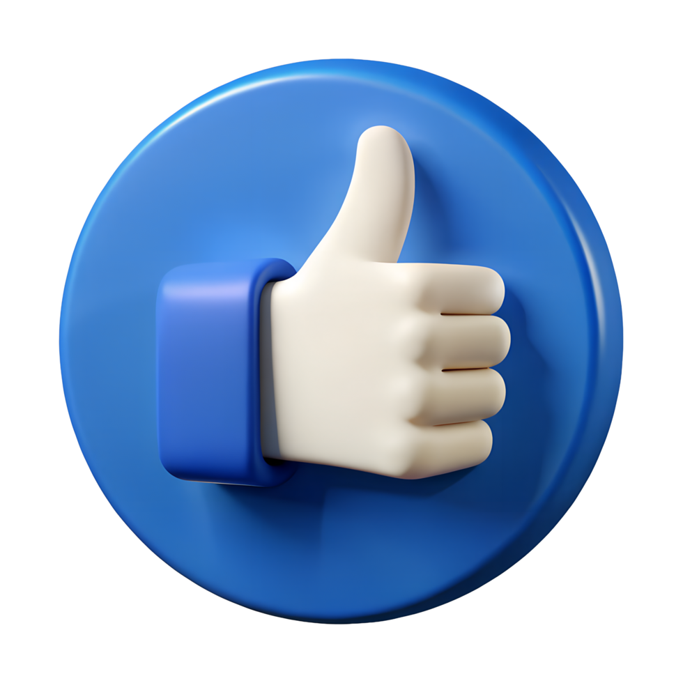 3D Render of a Blue Thumbs Up Icon Positive Feedback Symbol Approval Gesture png
