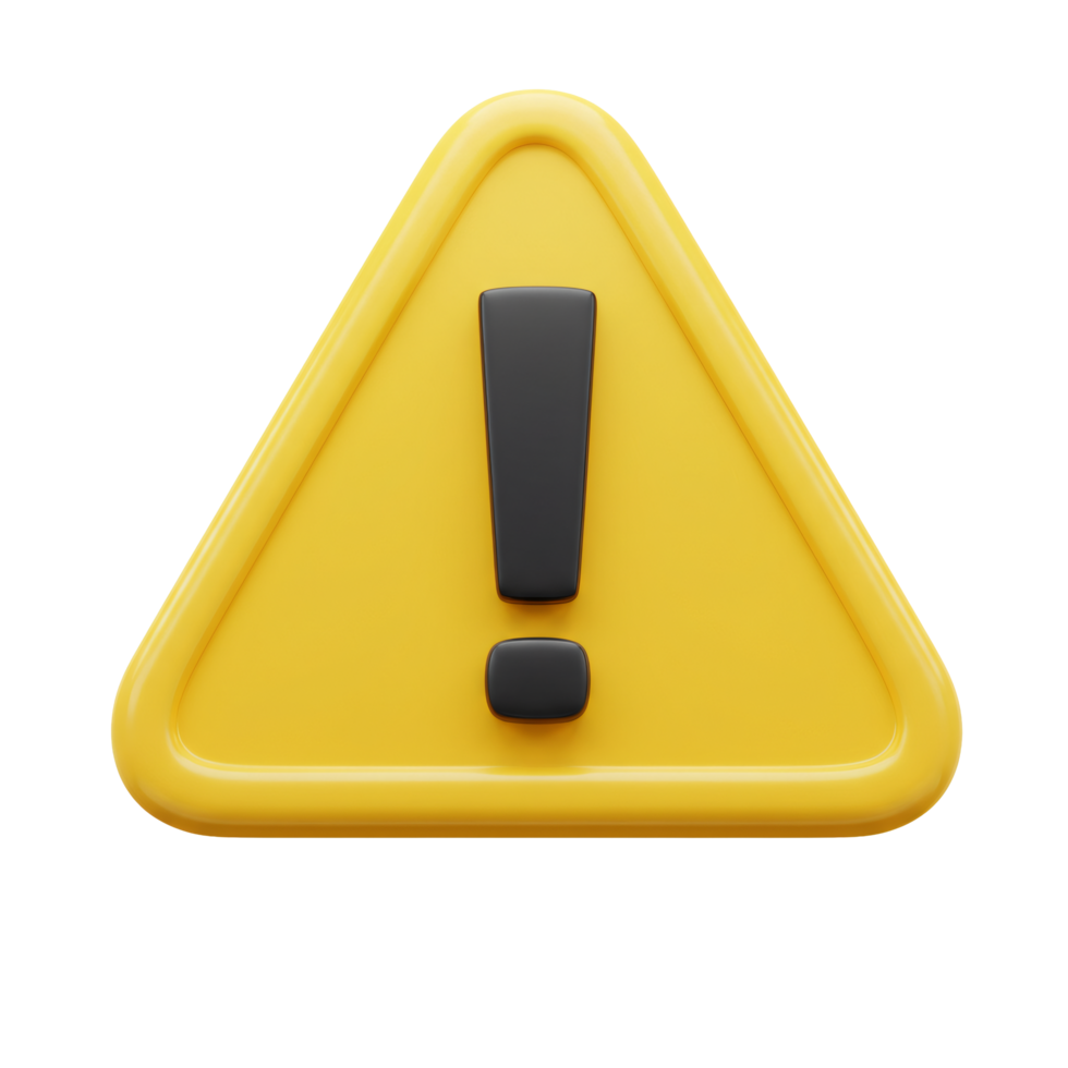3D Render of Yellow Triangular Warning Sign with Black Exclamation Mark png
