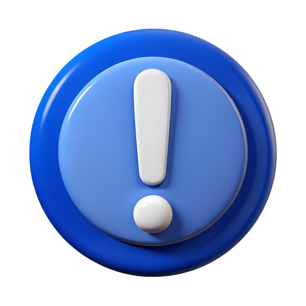 3D Render of a Blue Exclamation Mark Icon Button for Alert Notification png