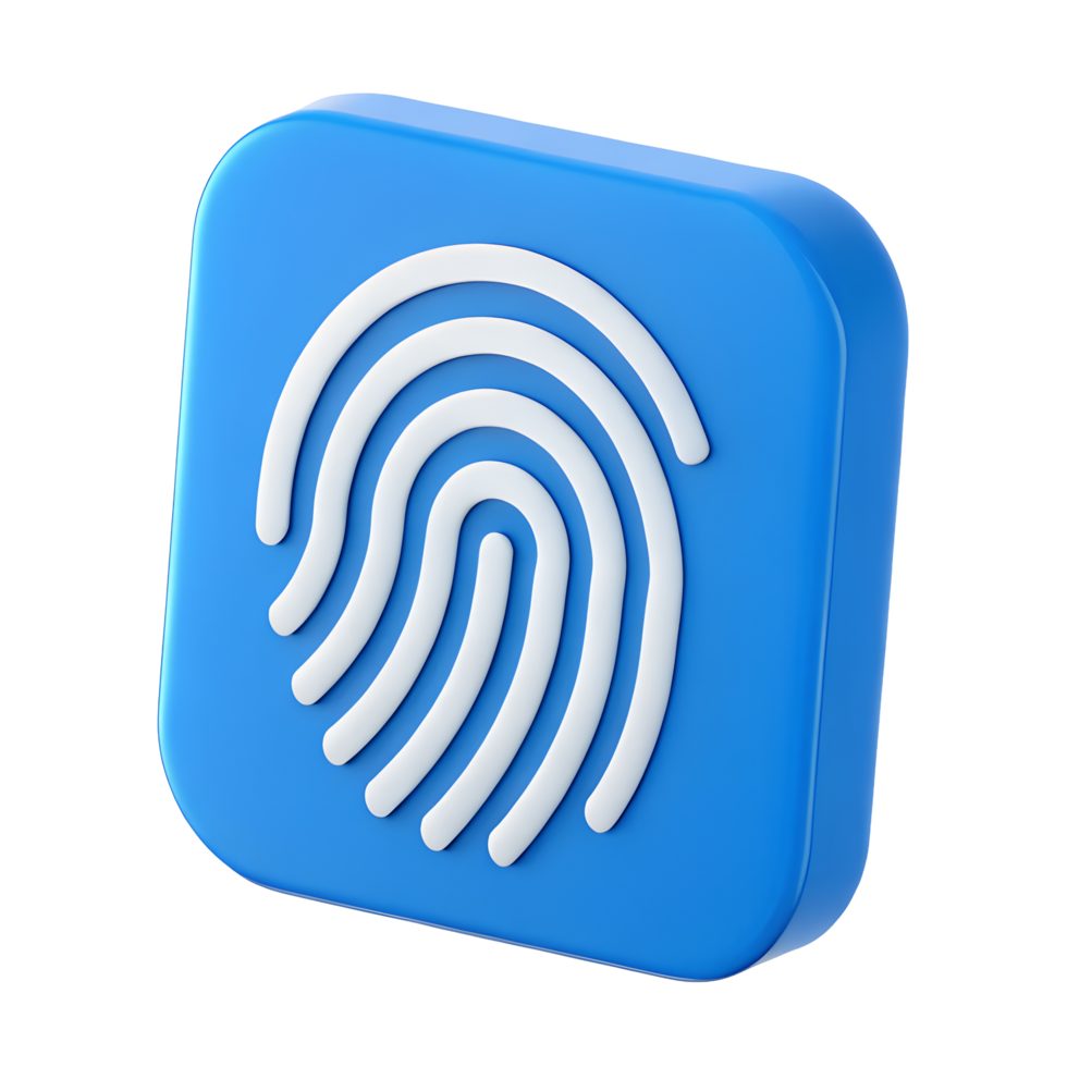 3D Render of Blue Square Button with White Fingerprint Icon Biometric Security Authentication Symbol png