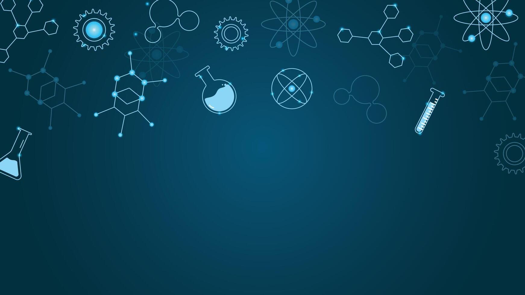 Technology inspired science background featuring glowing lab flasks test tubes atoms gears and molecules on a dark blue gradient backdrop perfect for research or education themes vector
