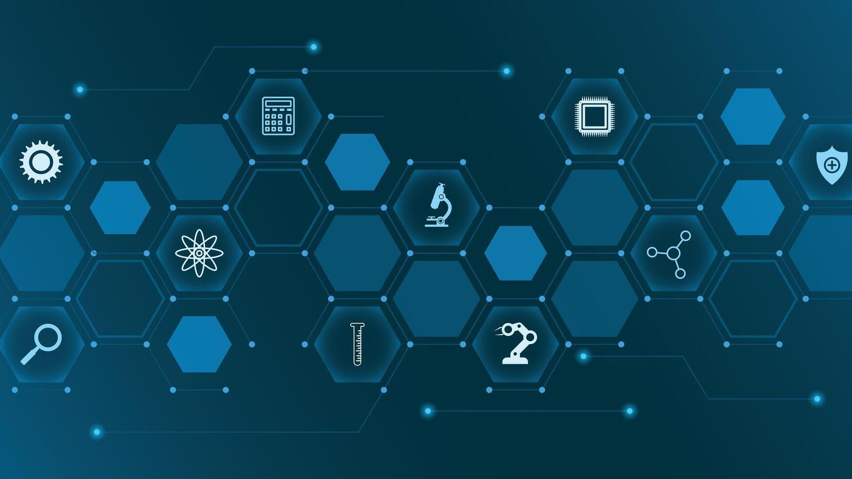 Futuristic hexagonal background featuring science technology and research icons on glowing blue interface perfect for modern digital projects and presentations vector