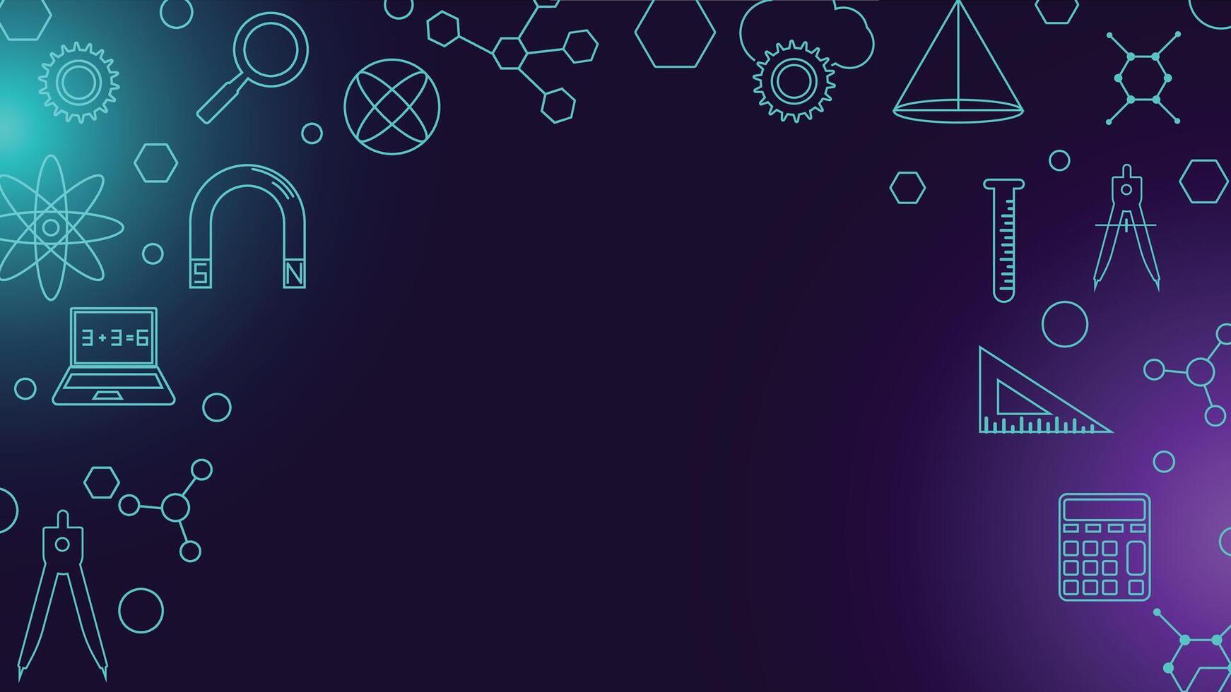 Modern background featuring neon blue science and math icons on a dark gradient ideal for school education presentations posters or digital learning materials vector