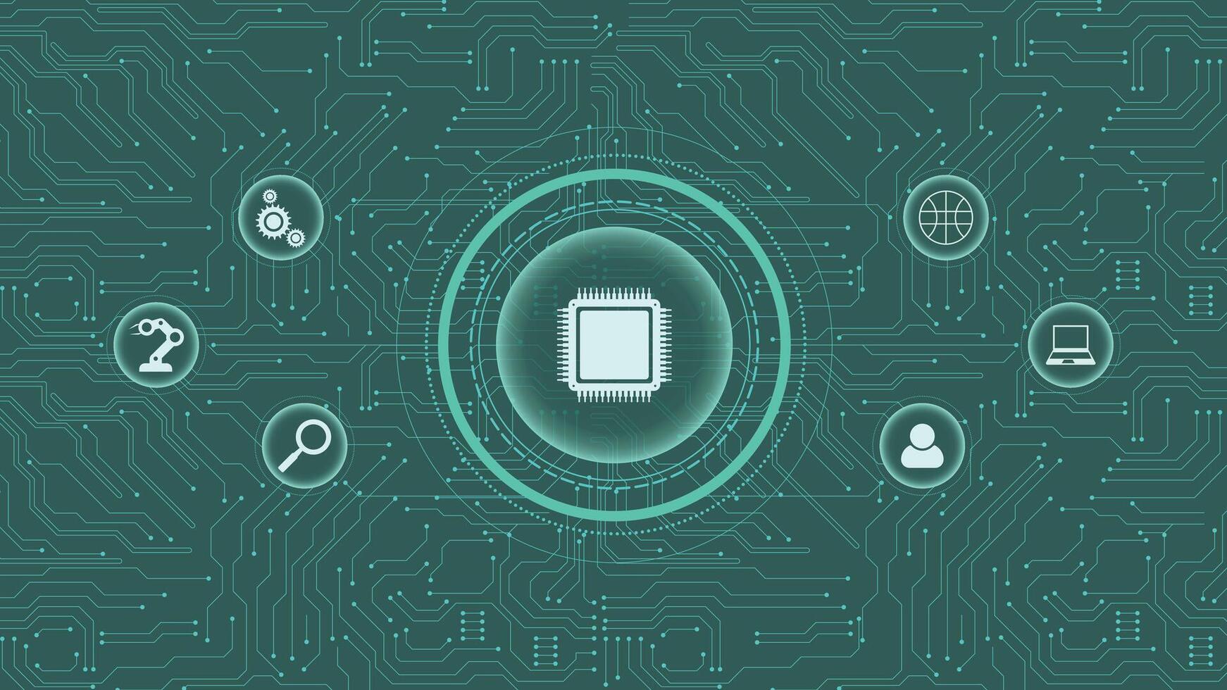 Futuristic green tech background featuring a central microchip and multiple digital technology icons on circuits vector