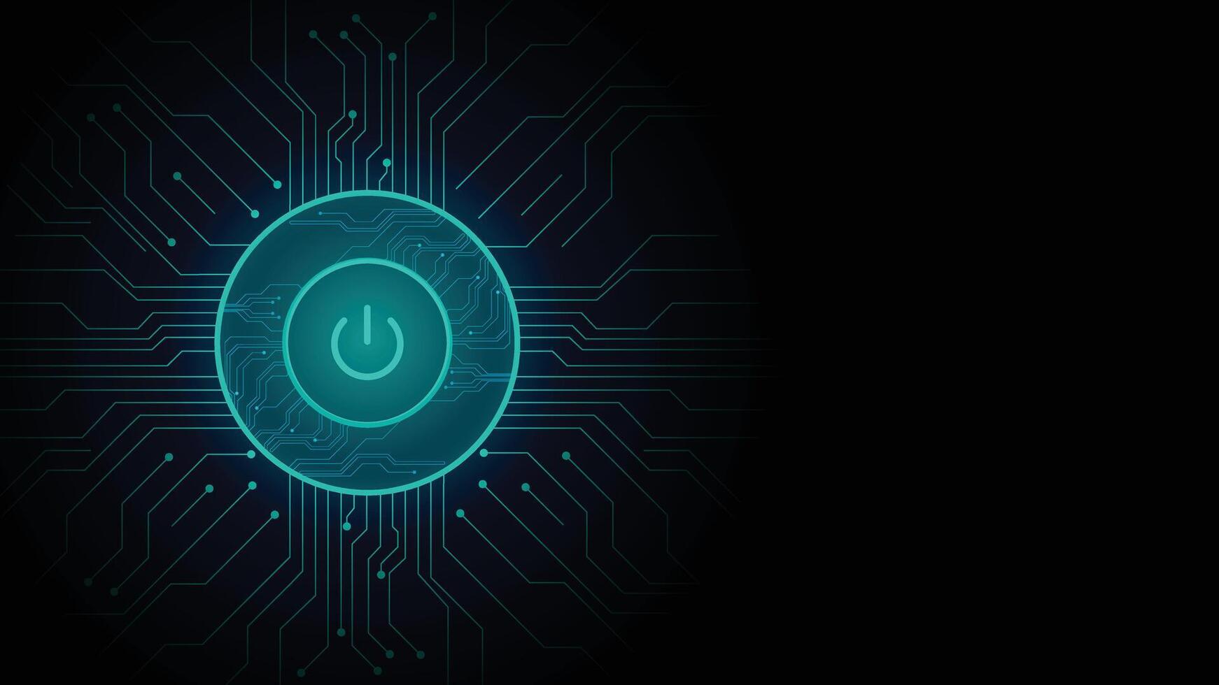 Futuristic glowing power button in center with digital circuit lines on a dark background ideal for tech themes vector