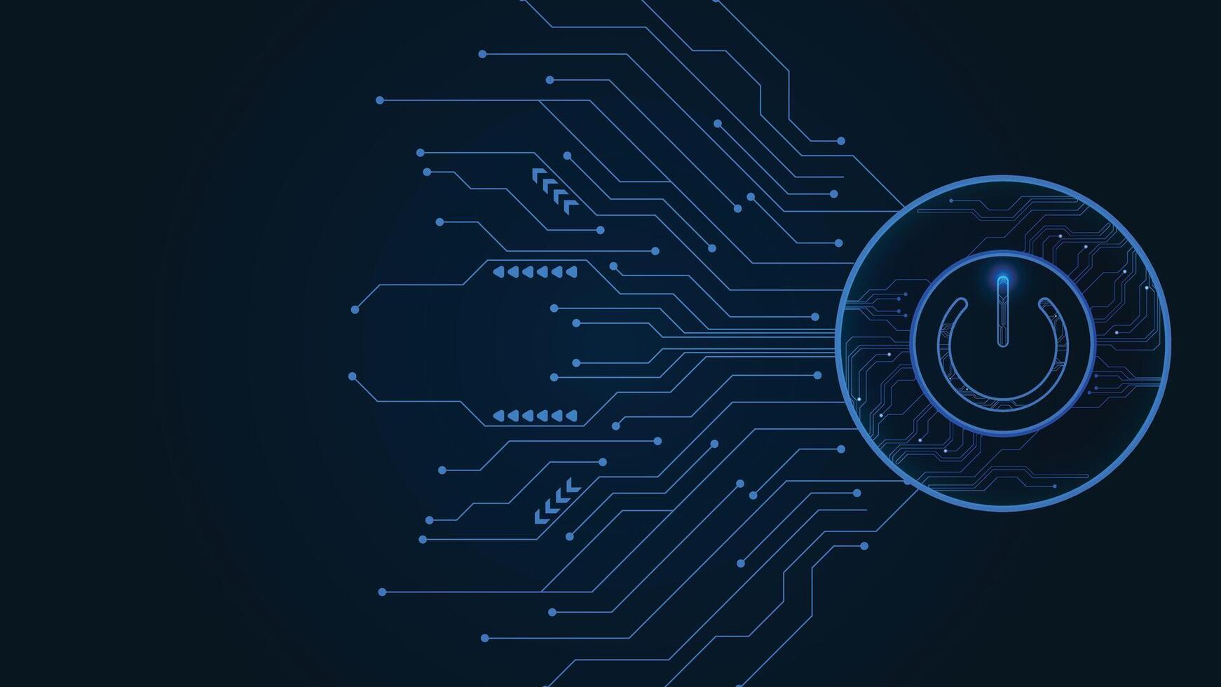 Blue glowing power button on the right side with abstract circuit lines on a dark tech themed background vector