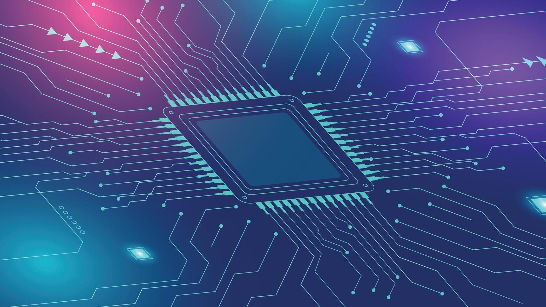Modern tech background showing a central microchip with glowing connections and circuit lines for digital, AI, and computing themes vector