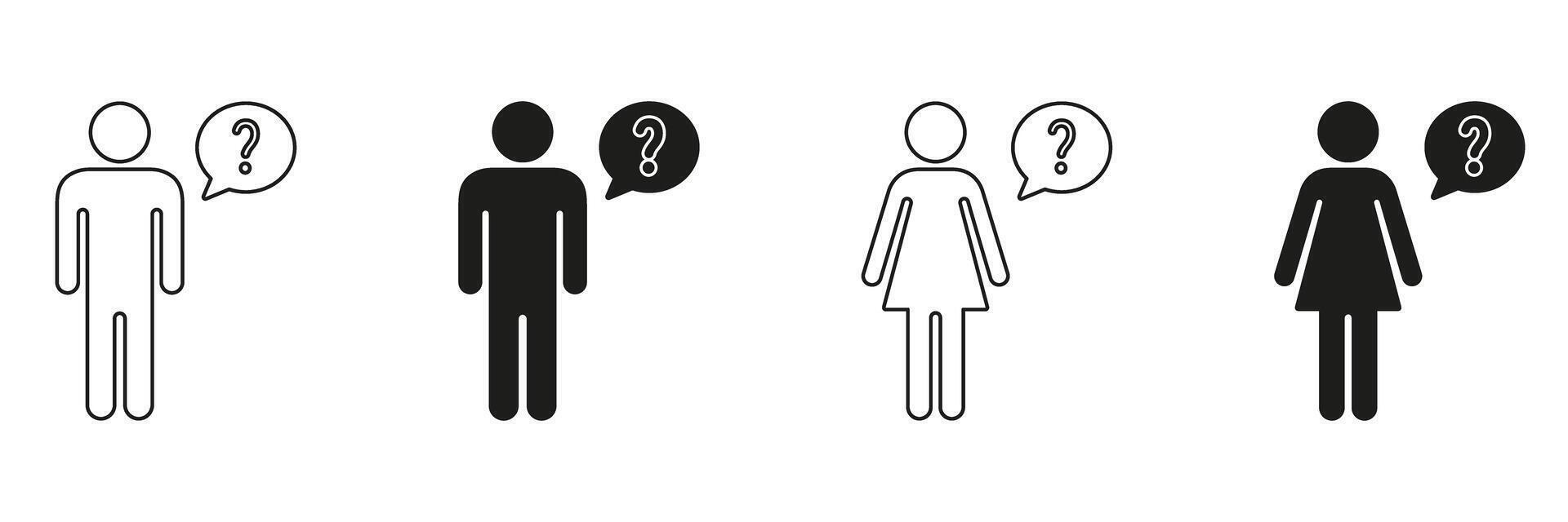 Male And Female Question Mark Speech Bubble Icon Set. Communication, Inquiry, And Curiosity Outline And Silhouette Symbol Collection. Human Interaction And Dialogue. Isolated Illustration vector