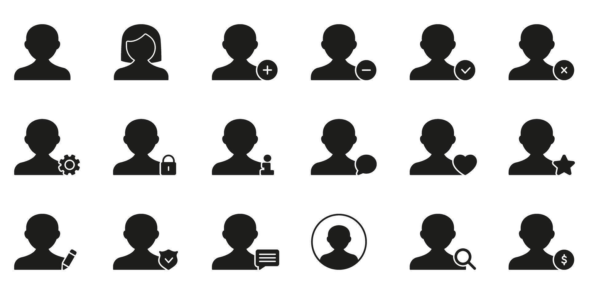 User Profile Management Icon Set. User Interaction, Account Settings, And Privacy Control Silhouette Symbol Collection. Includes Add, Remove, Edit, And Search Functions. Isolated Illustration vector