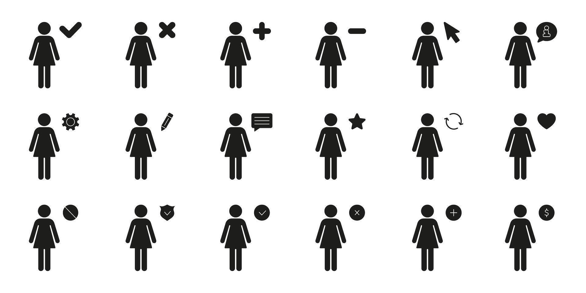 Female User Interface Icons Solid Icon Set. User Interaction, Profile Management, Communication Silhouette Symbol Collection. Includes Check, Cross, Plus and Minus Icon. Isolated Illustration vector