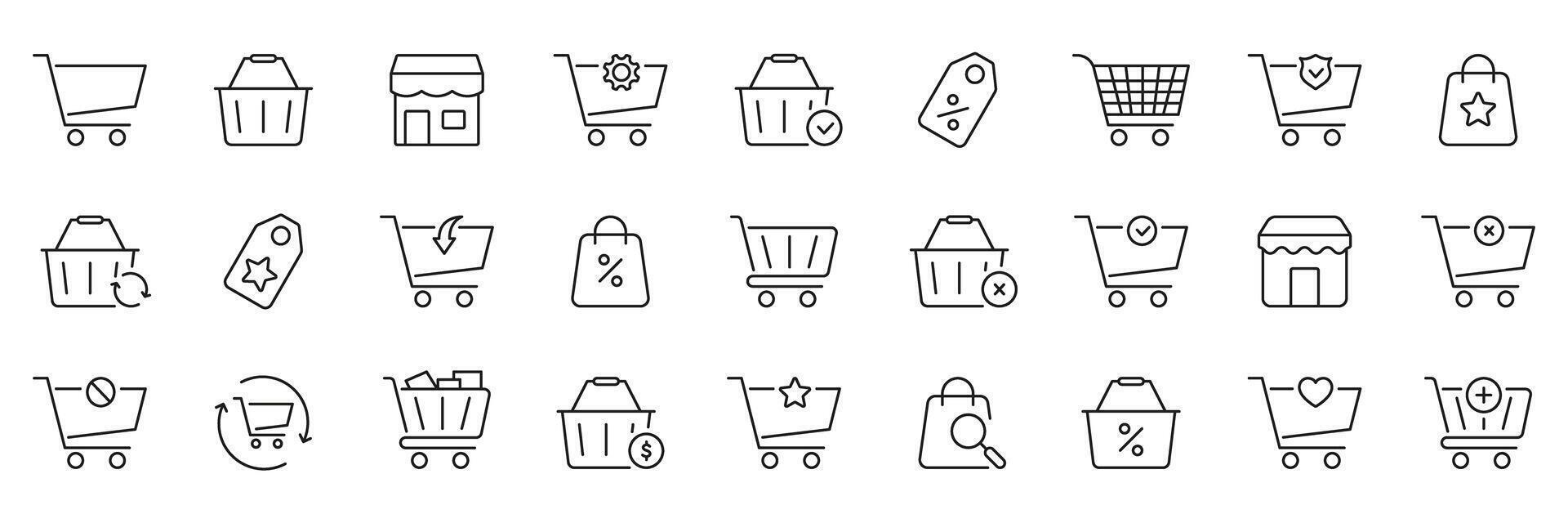Shopping Cart And Retail Icon Set. E-Commerce, Online Shopping, And Retail Management Outline Symbol Collection. Marketing And Sales Tools. Editable Stroke. Isolated Illustration vector