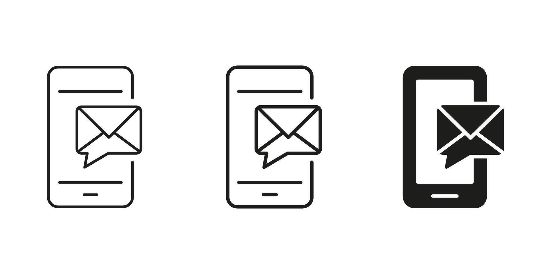 Smartphone With Email Notification Icon Set. Mobile Messaging, Communication, And Email Alert Outline And Silhouette Symbol Collection. Digital Connectivity. Isolated Illustration vector