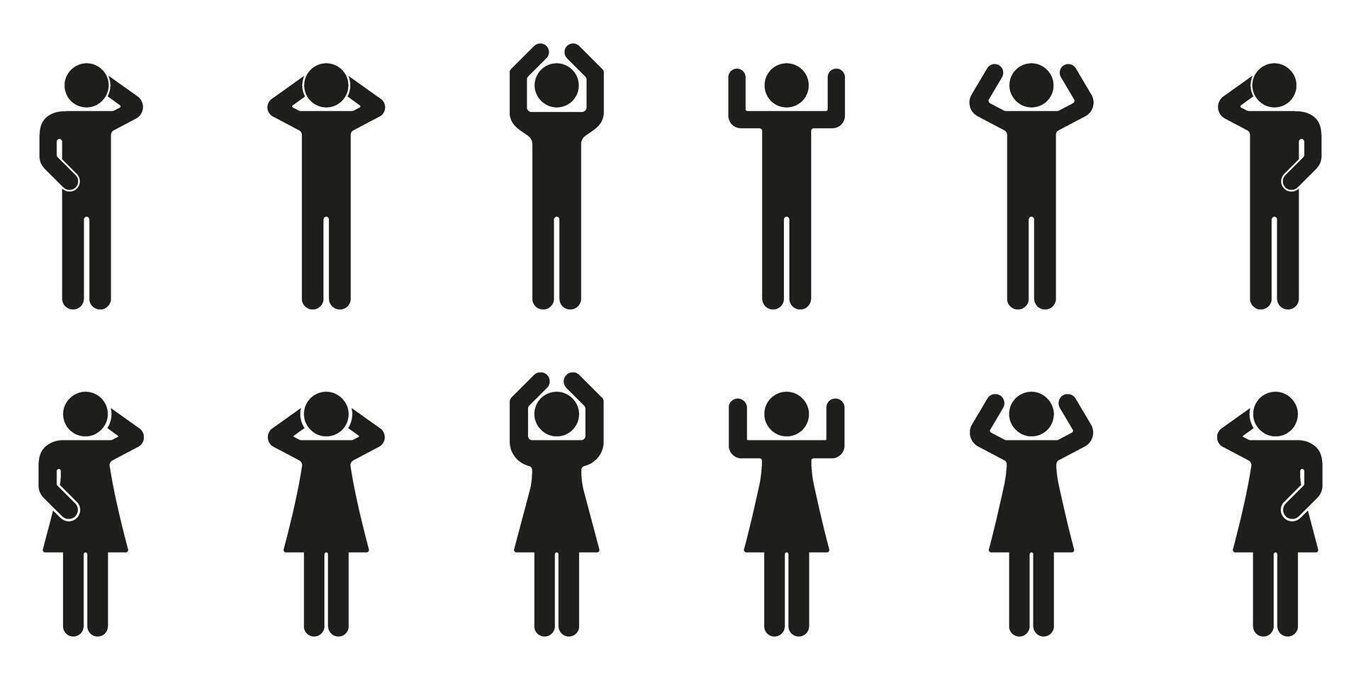 Silhouette People In Various Poses Icon Set. Human Figures Expressing Different Emotions And Gestures Solid Symbol Collection. Communication And Body Language. Isolated Illustration vector