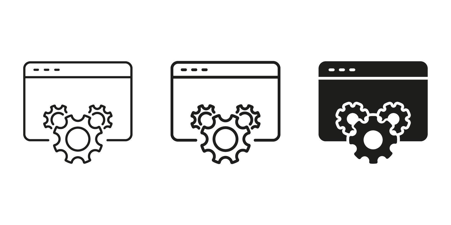Web Development And Optimization Gear Icon Set. Website Configuration And Maintenance Outline And Silhouette Symbol Collection. Browser And Gear Integration. Isolated Illustration vector