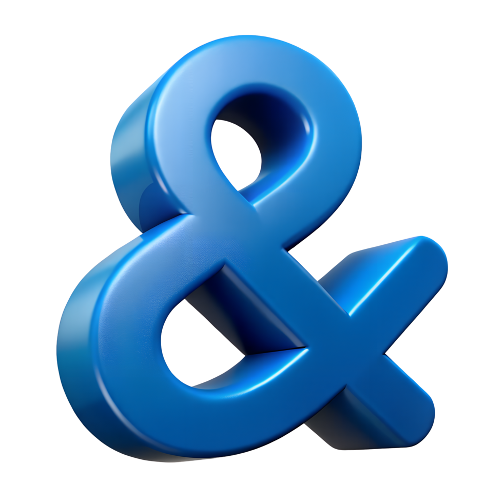 3d render of a glossy blue ampersand symbol isolated transparent background png