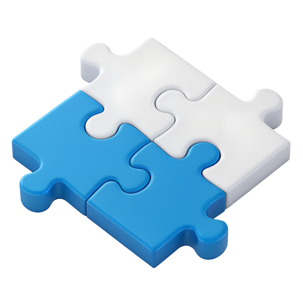 Two Interlocking Puzzle Pieces Blue and White Teamwork Concept 3D Render png